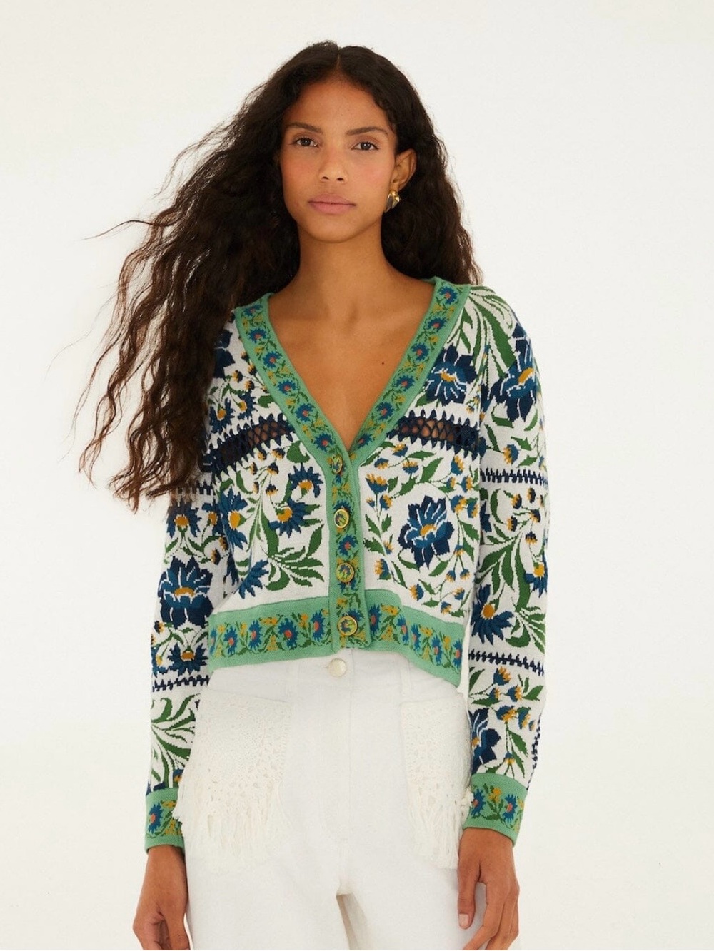FARM Rio Off-White Manoela Buttoned Knit Cardigan Size L